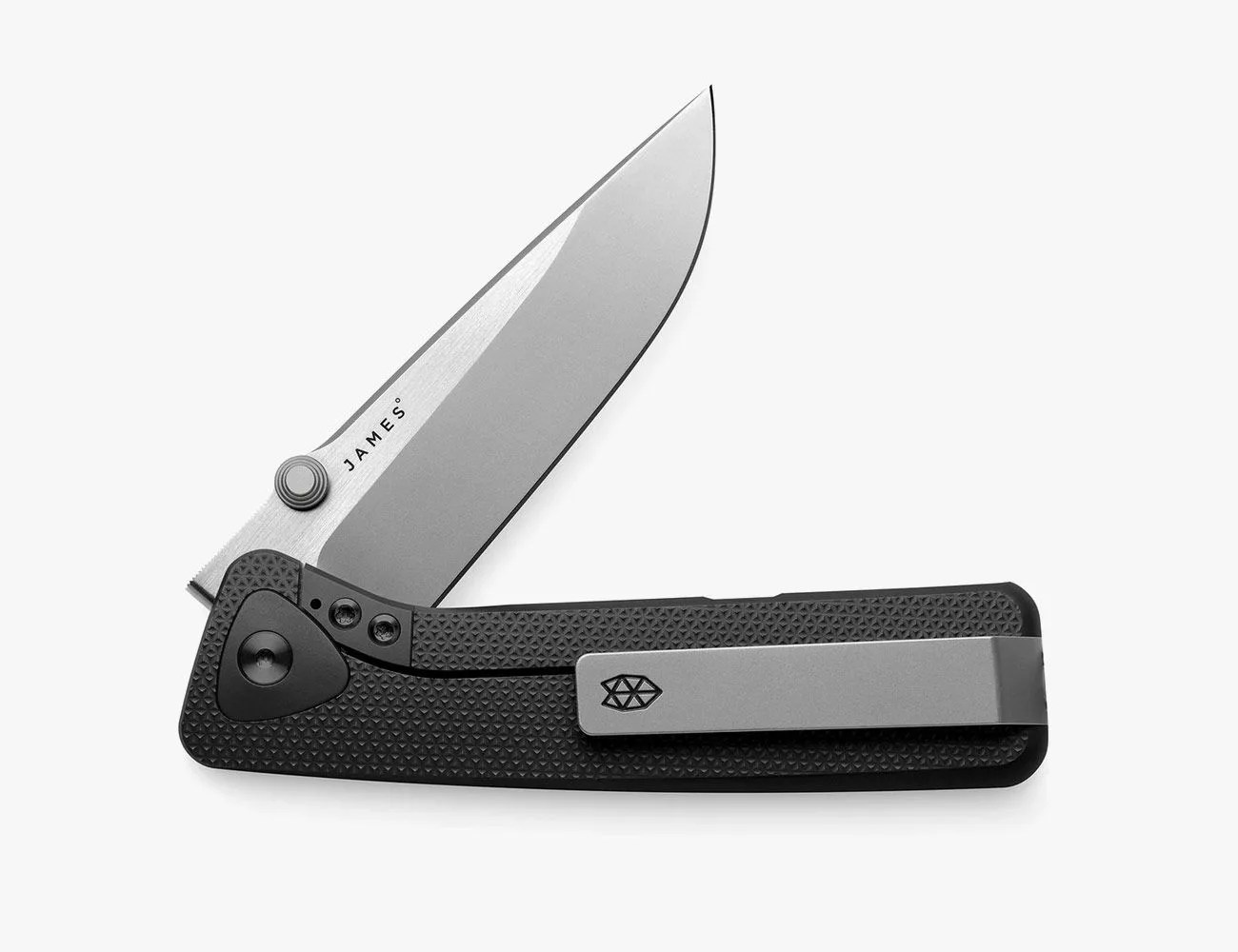 a folding knife with a black handle