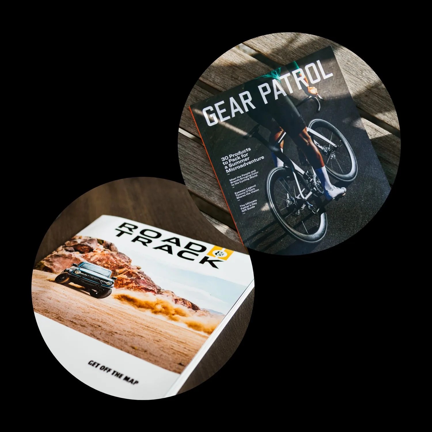 cover of road and track magazine alongside cover of gear patrol magazine, issue sixteen