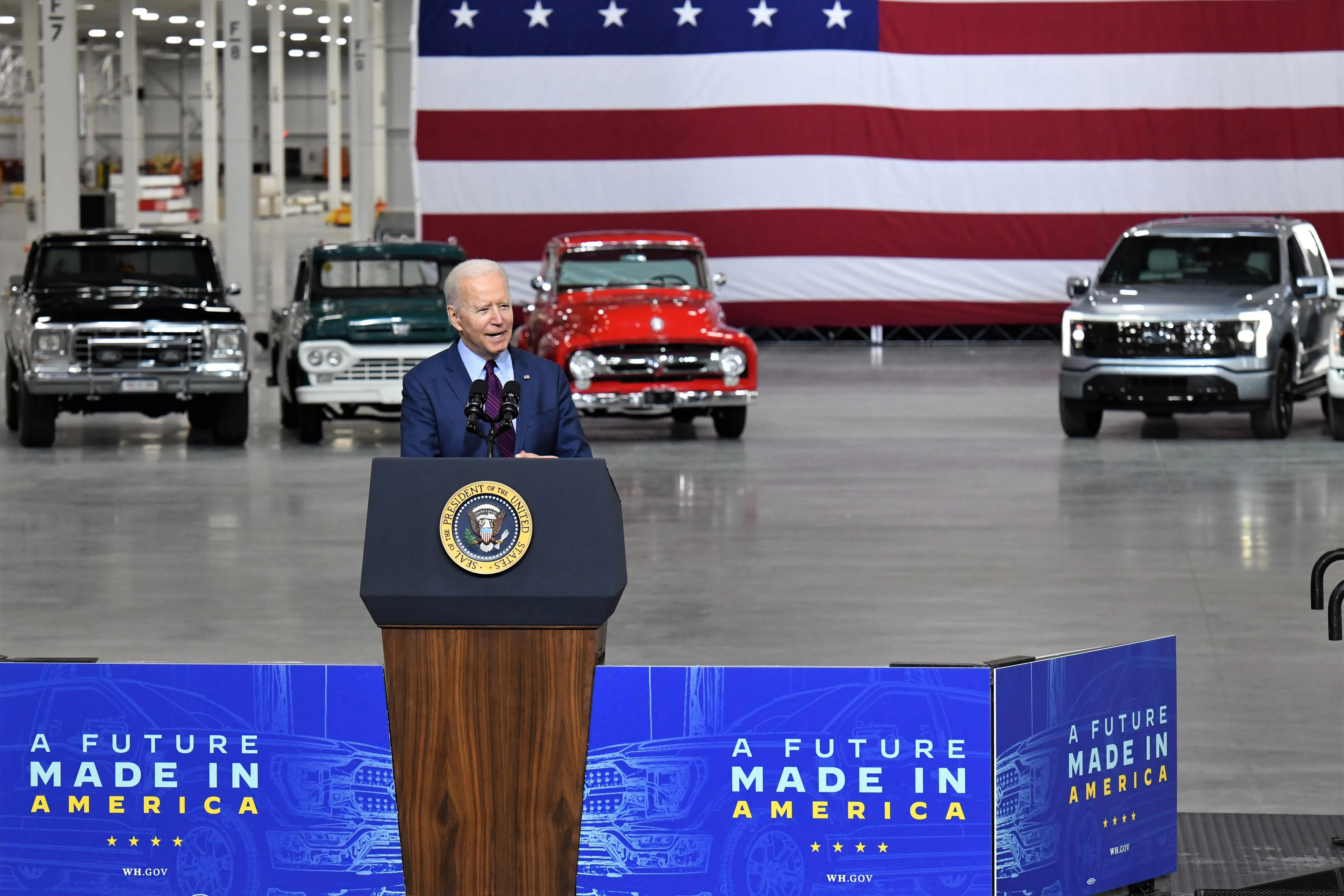 dearborn, mi may 18, 2021    president joe biden spoke today at the rouge electric vehicle center in dearborn, mich, manufacturing home of the all new, all electric ford f 150 lightning that goes on sale in mid 2022 the f 150 lightning will be officially revealed wednesday, may 19, 2021, at 930 pm edt photo by sam varnhagen