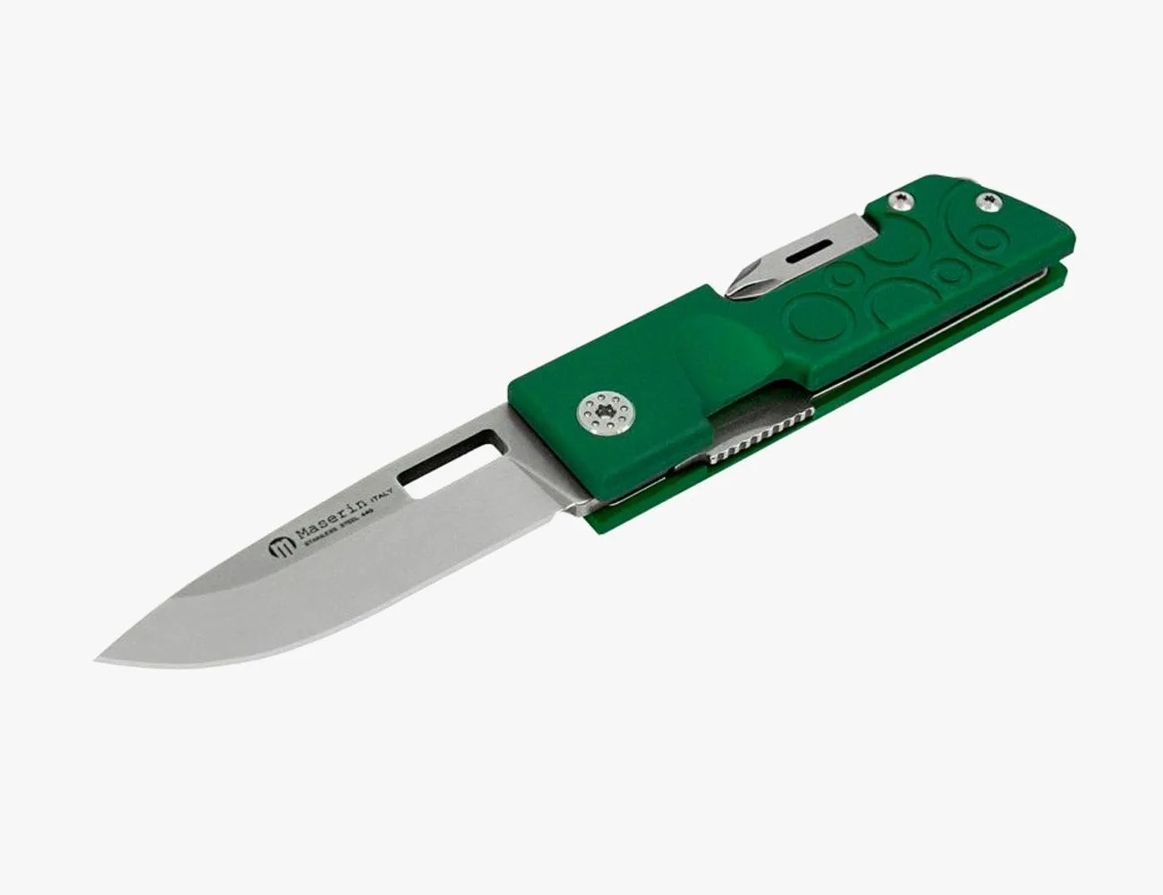 a knife with a green handle