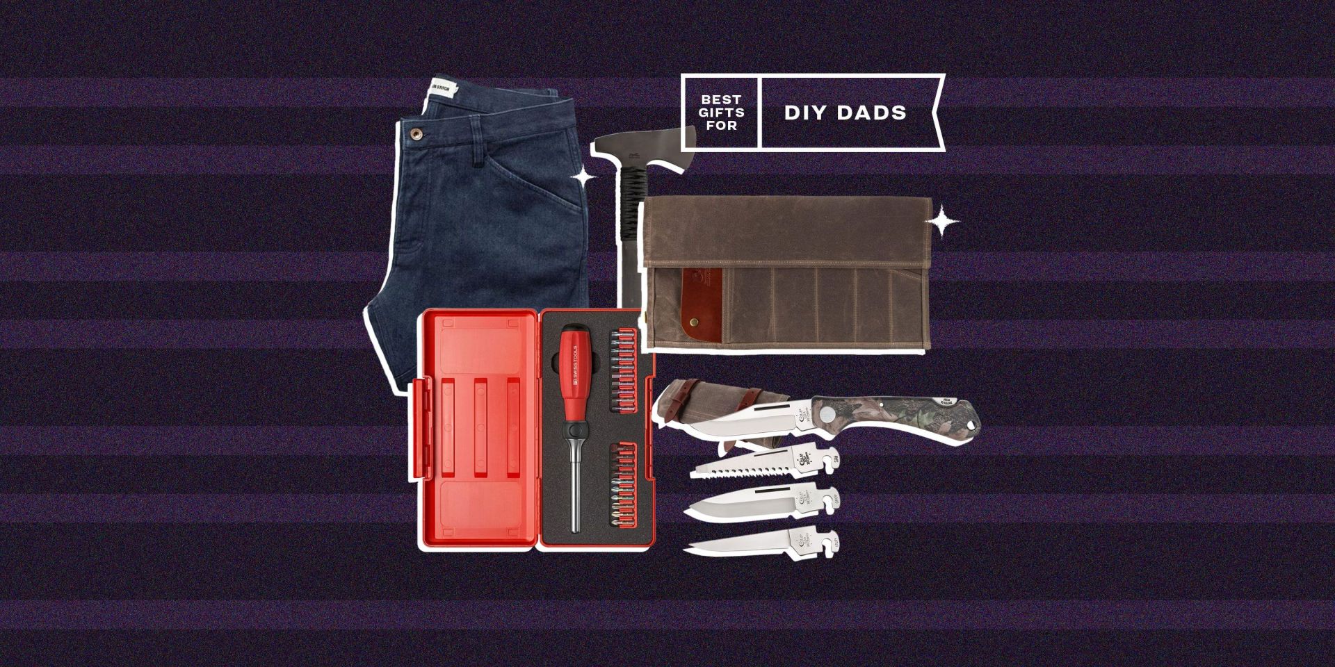 best gifts for diy dads jeans, axe, screw, knives