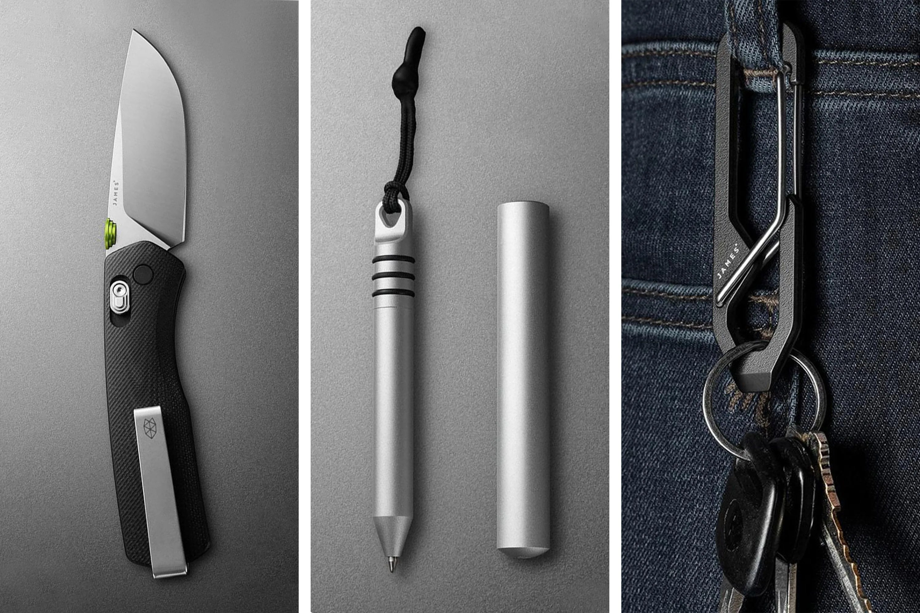 the carter knife, the stillwell pen, the holcombe carabiner