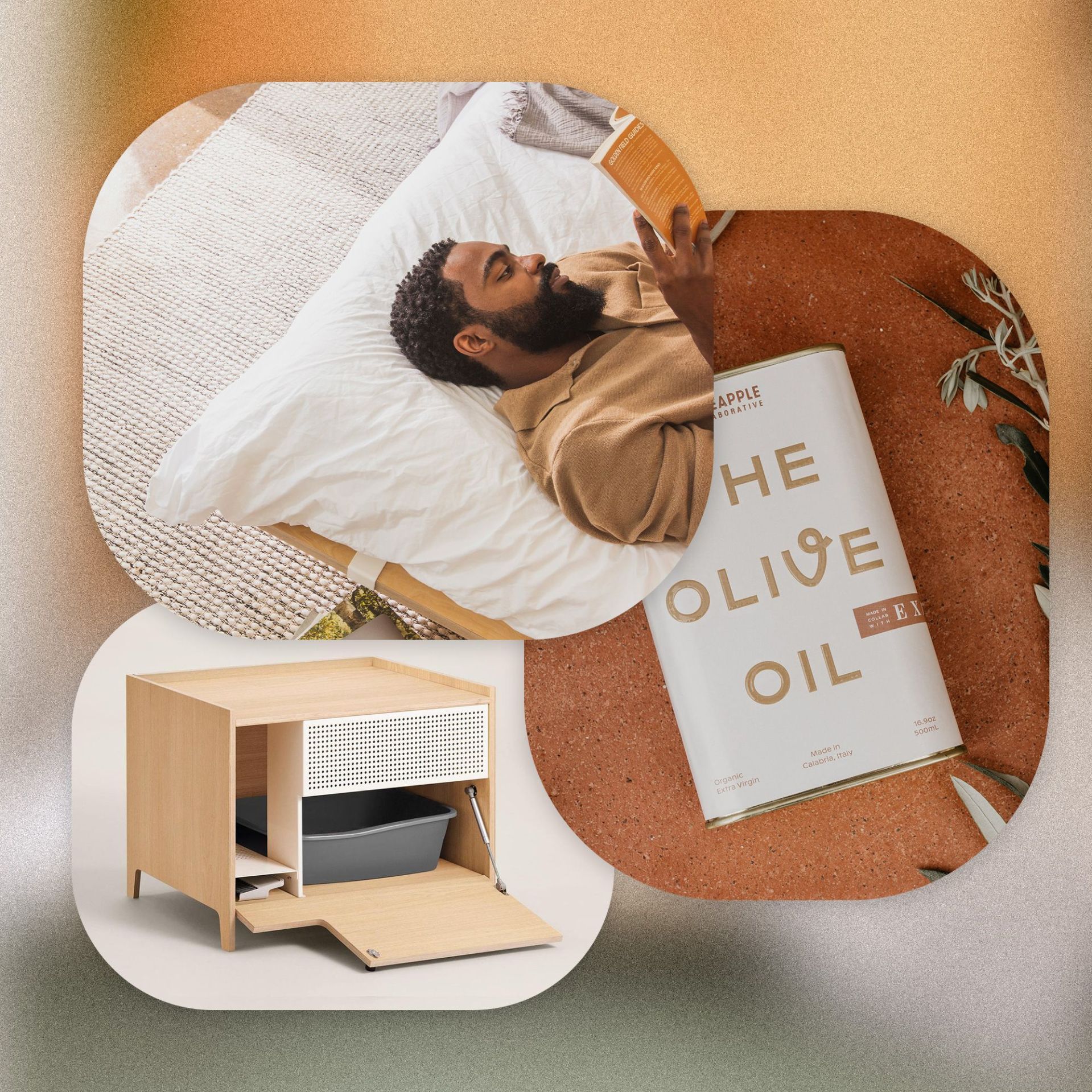 window shopping floyd rug, olive oil, and litter box