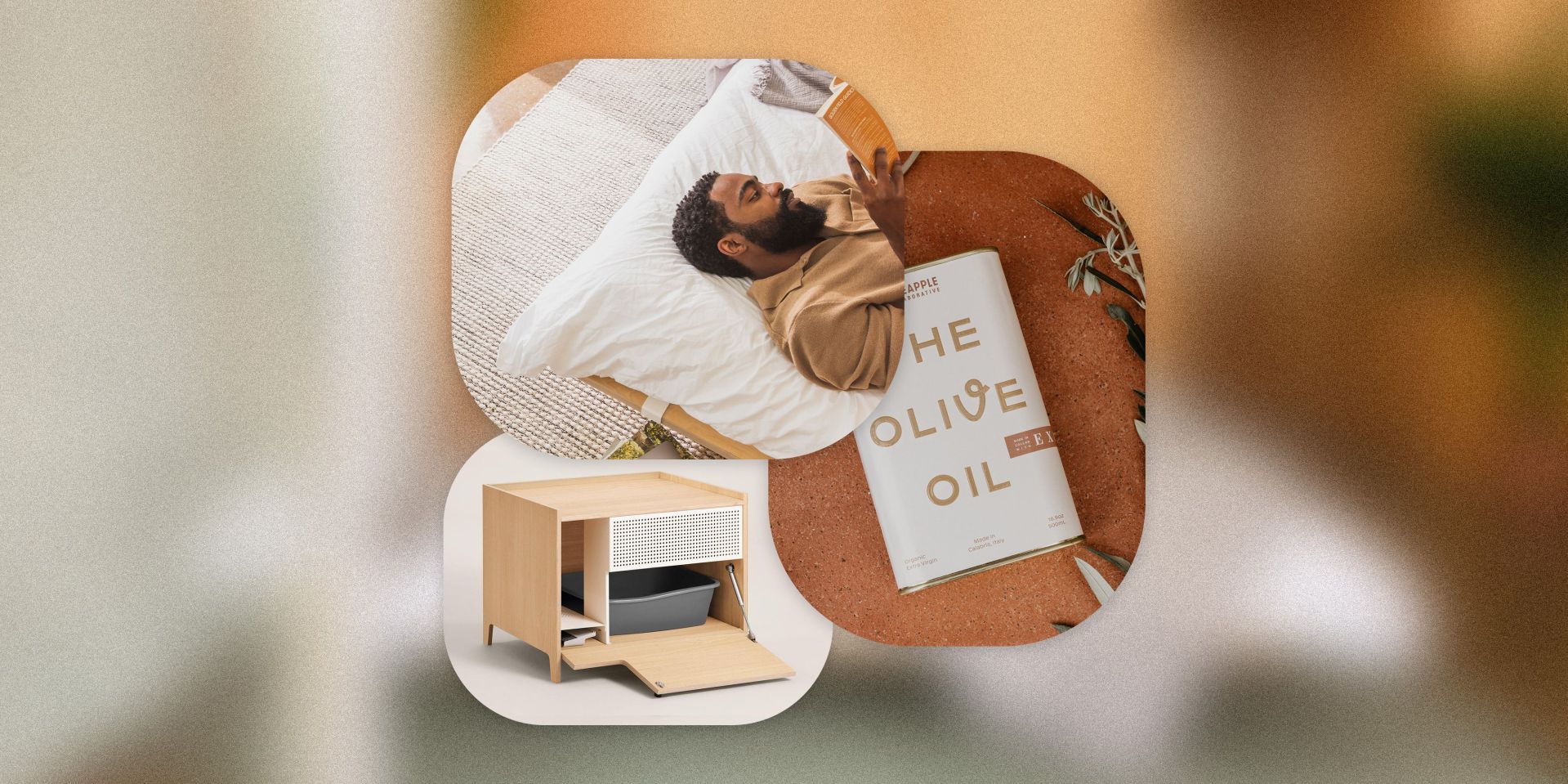 window shopping floyd rug, olive oil, and litter box