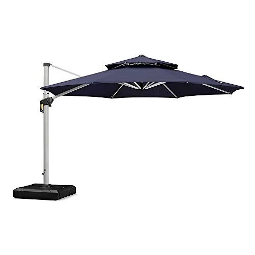 PURPLE LEAF 13 Feet Double Top Round Deluxe Patio Umbrella Offset Hanging Umbrella Outdoor Market Umbrella Garden Umbrella, Navy Blue