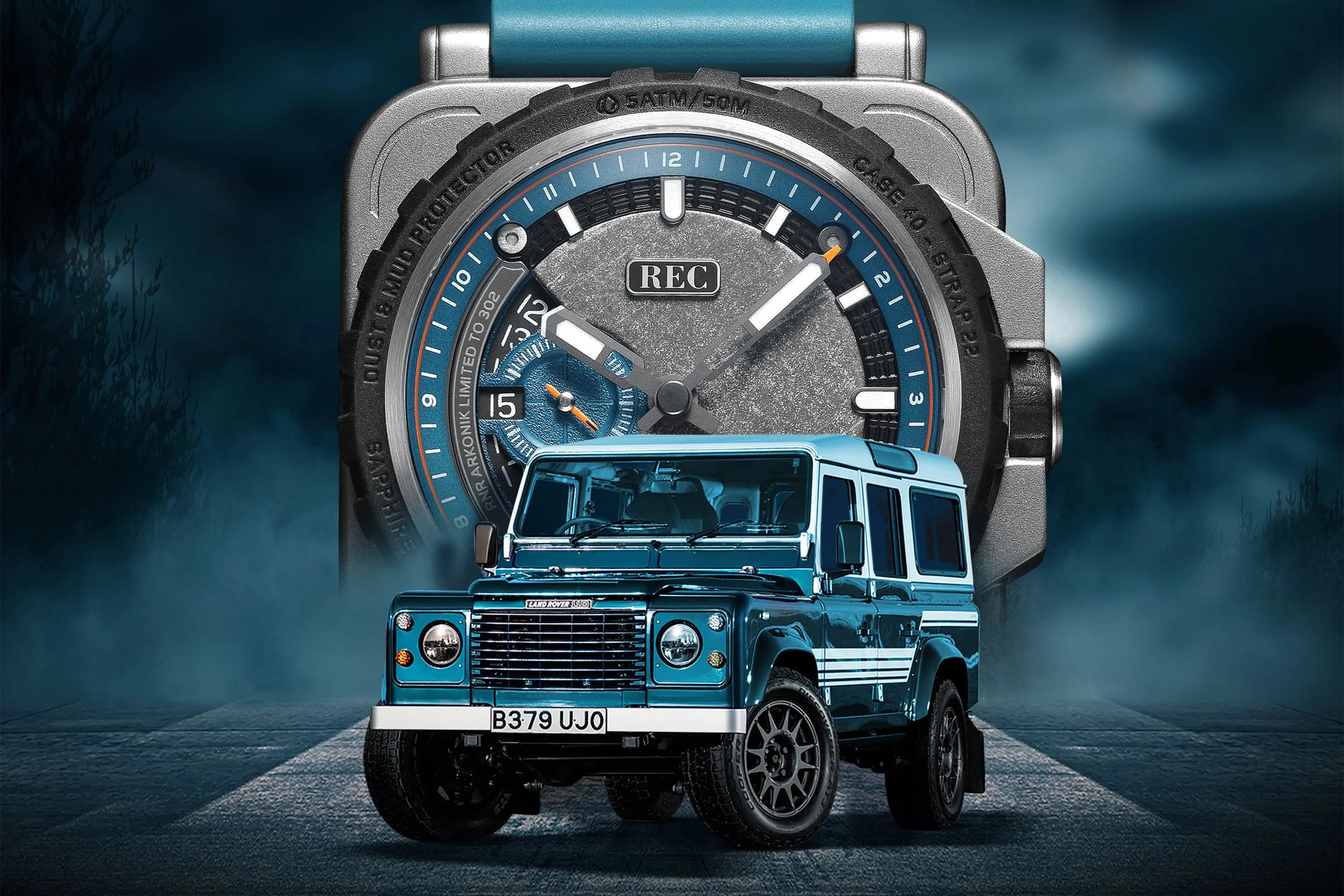 the rnr arkonik watch with a land rover in front