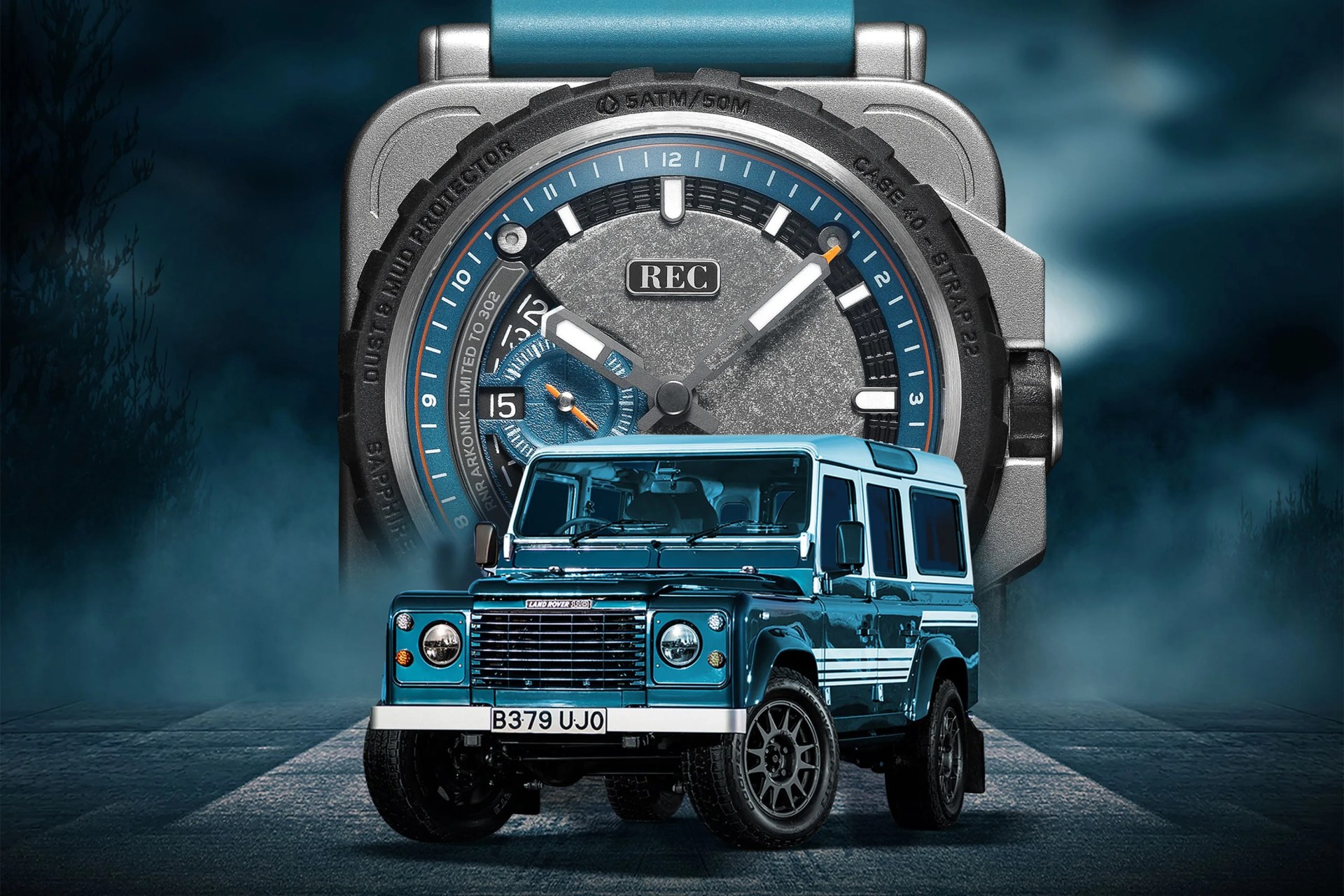 the rnr arkonik watch with a land rover in front
