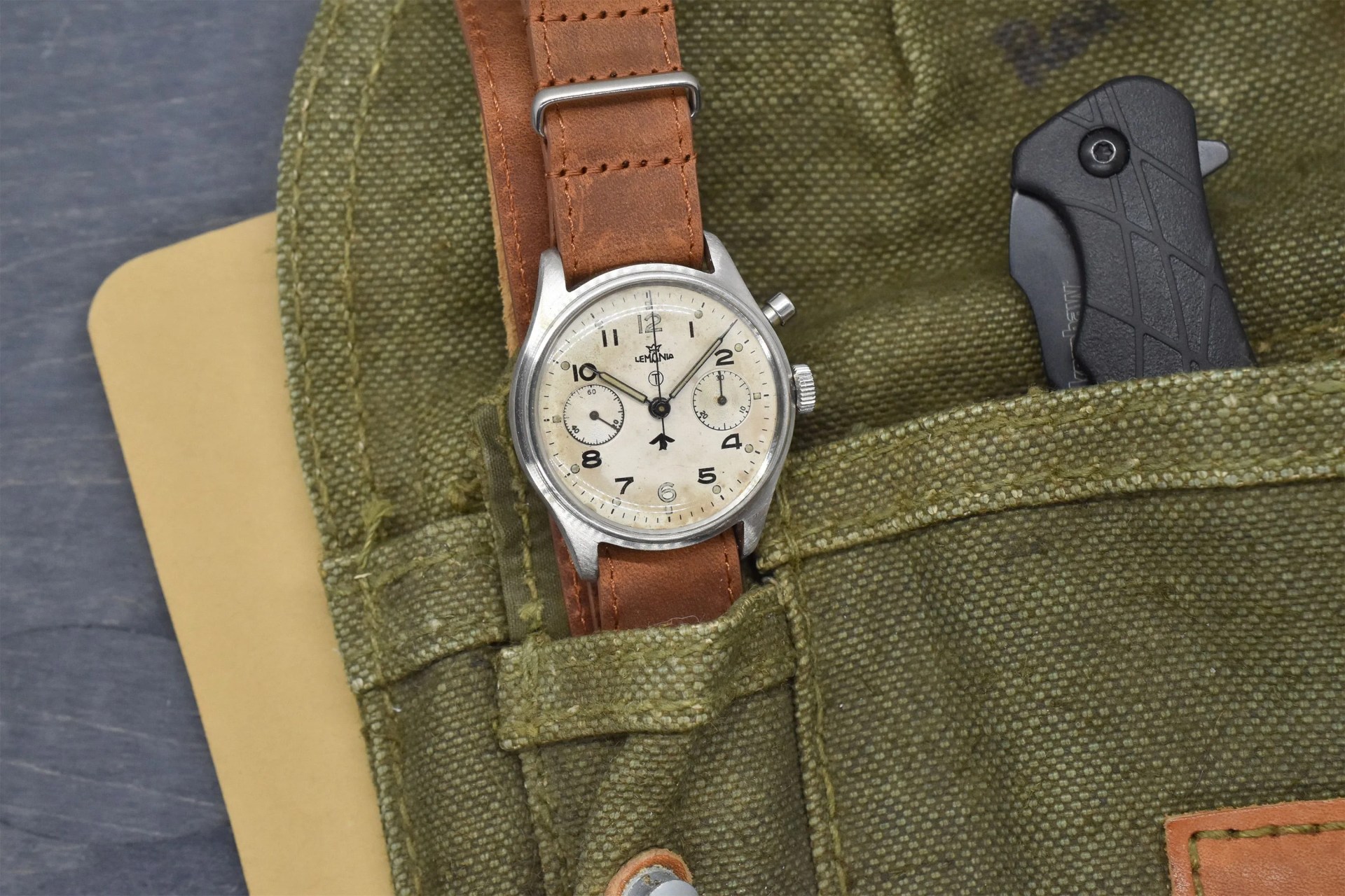vintage british military lemania monopusher chronograph