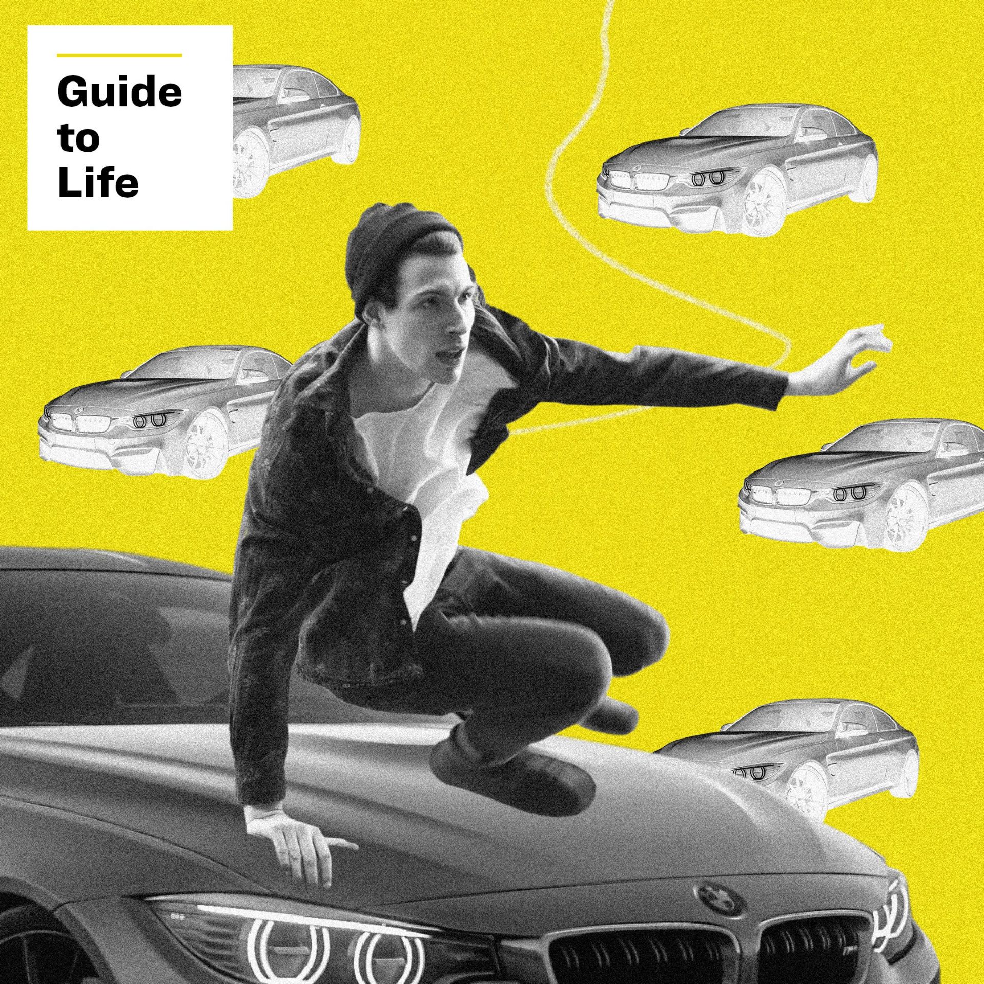 man jumping hood of car