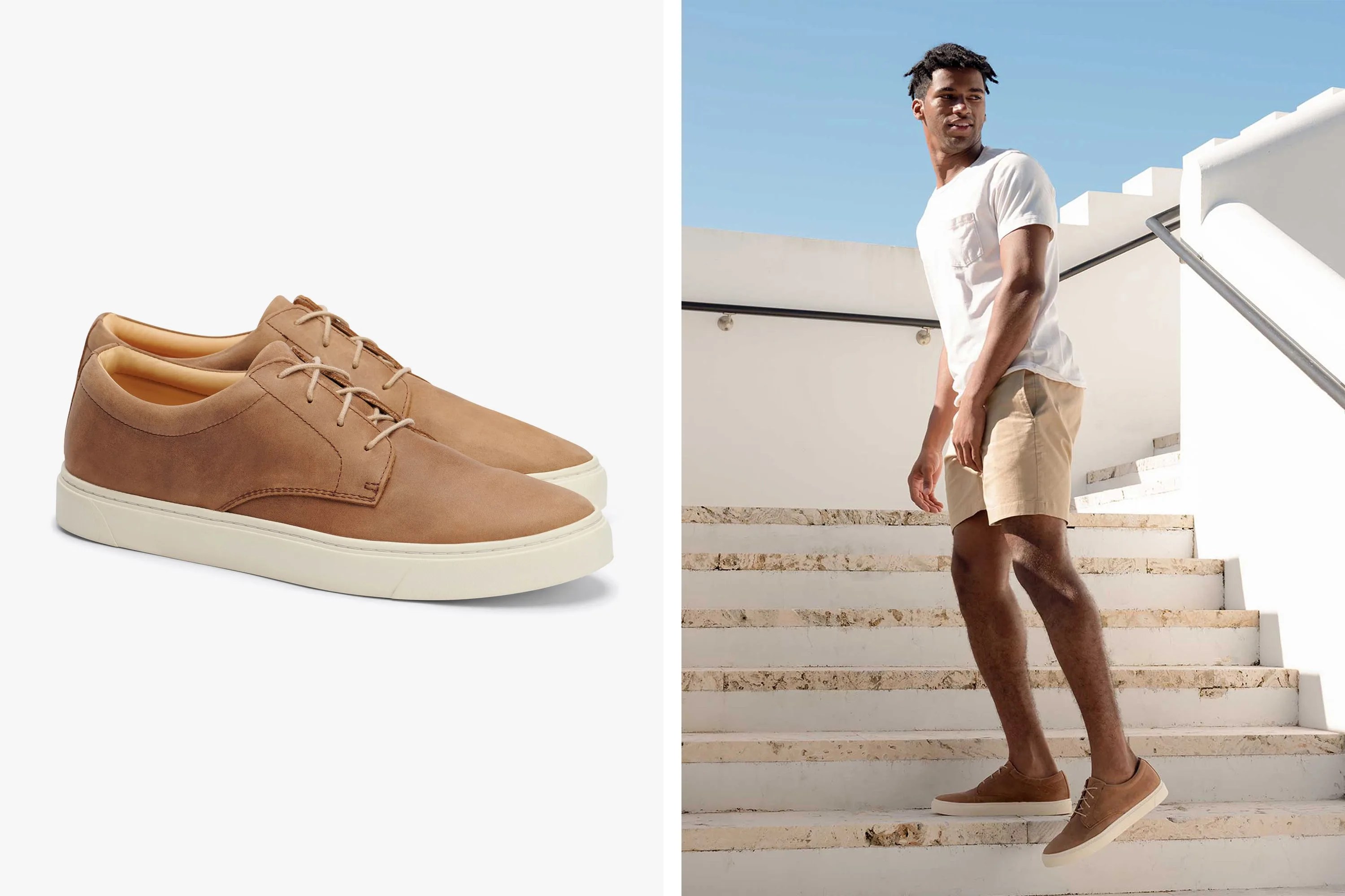 man wearing nisolo low top sneaker in tobacco