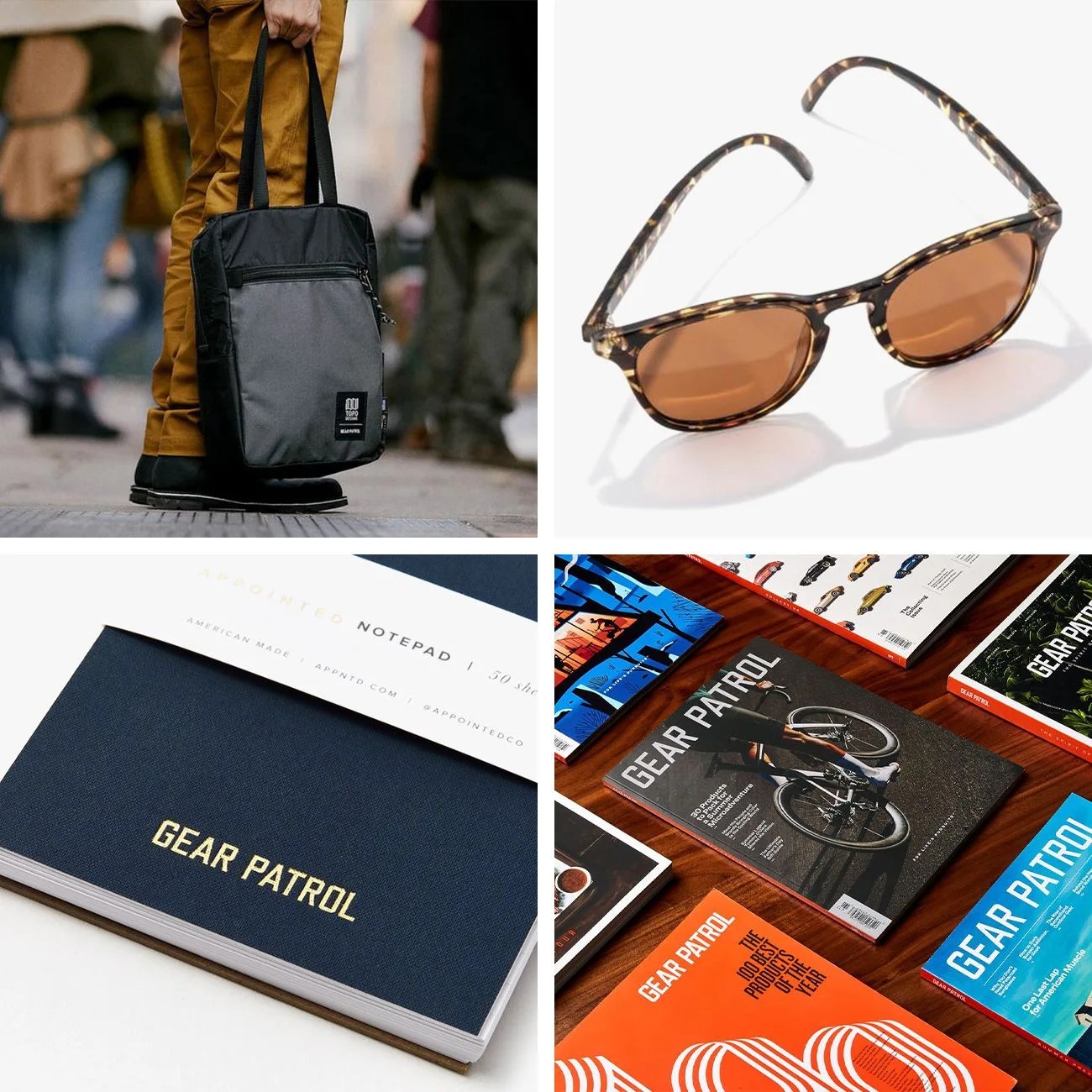 gear patrol x topo designs backpack bag, sunski sunglasses, blue gear patrol notebook and spread of gear patrol magazine copies