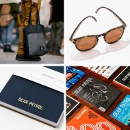 gear patrol x topo designs backpack bag, sunski sunglasses, blue gear patrol notebook and spread of gear patrol magazine copies