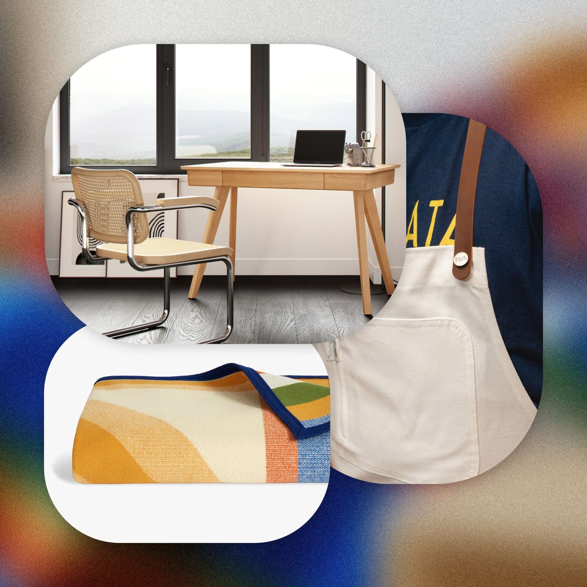 window shopping desk, apron, blanket