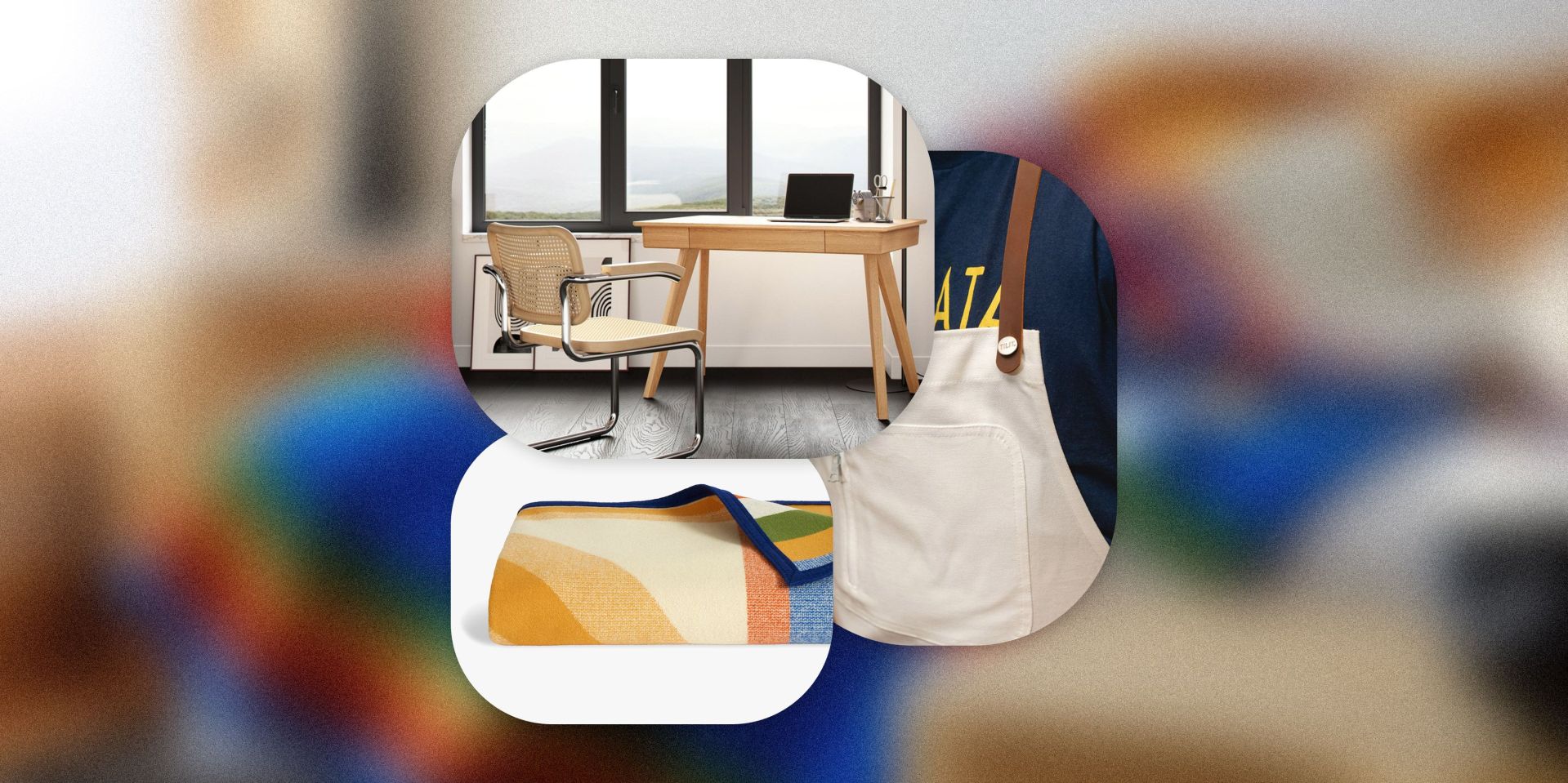 window shopping desk, apron, blanket