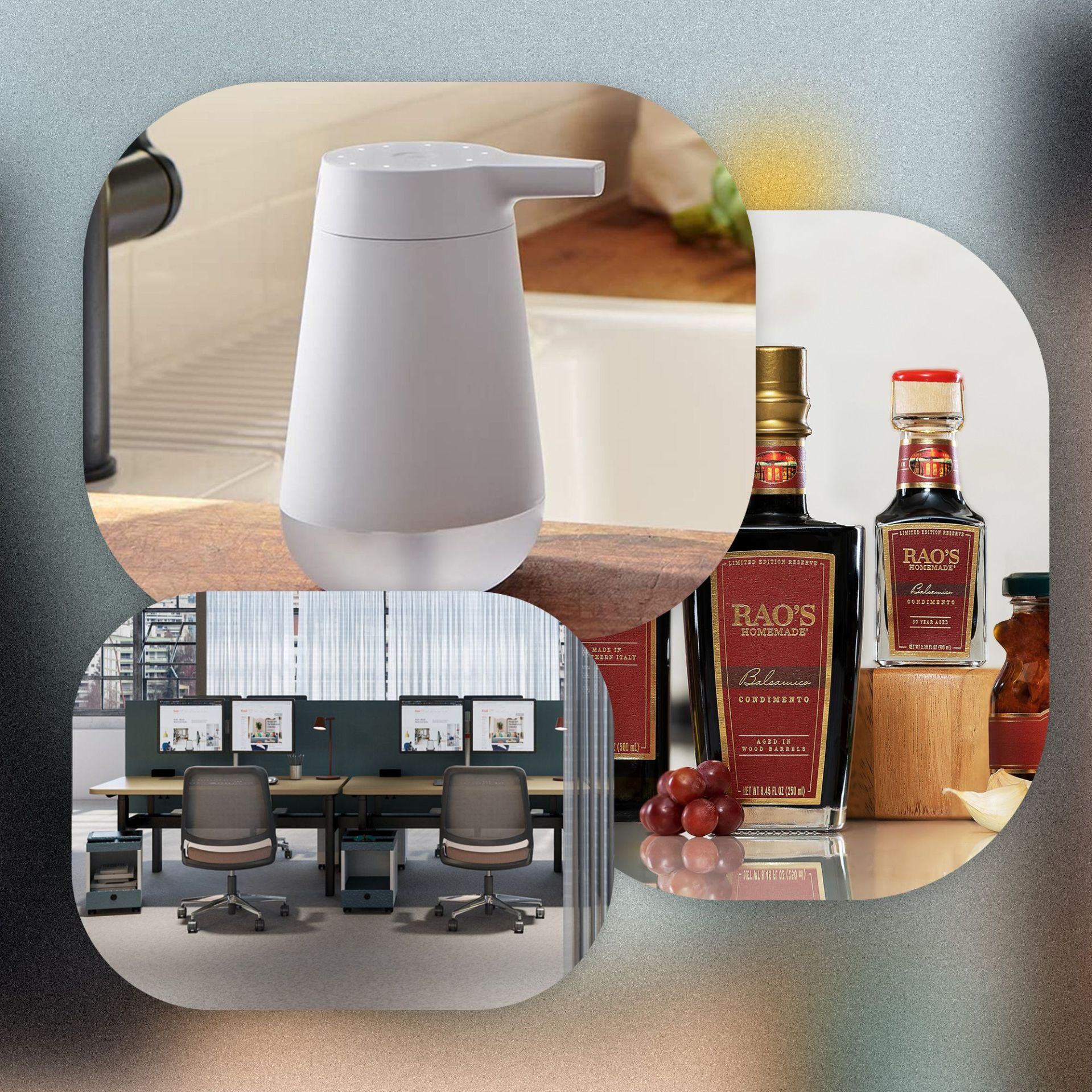 window shopping soap dispenser, sauces, and office chair