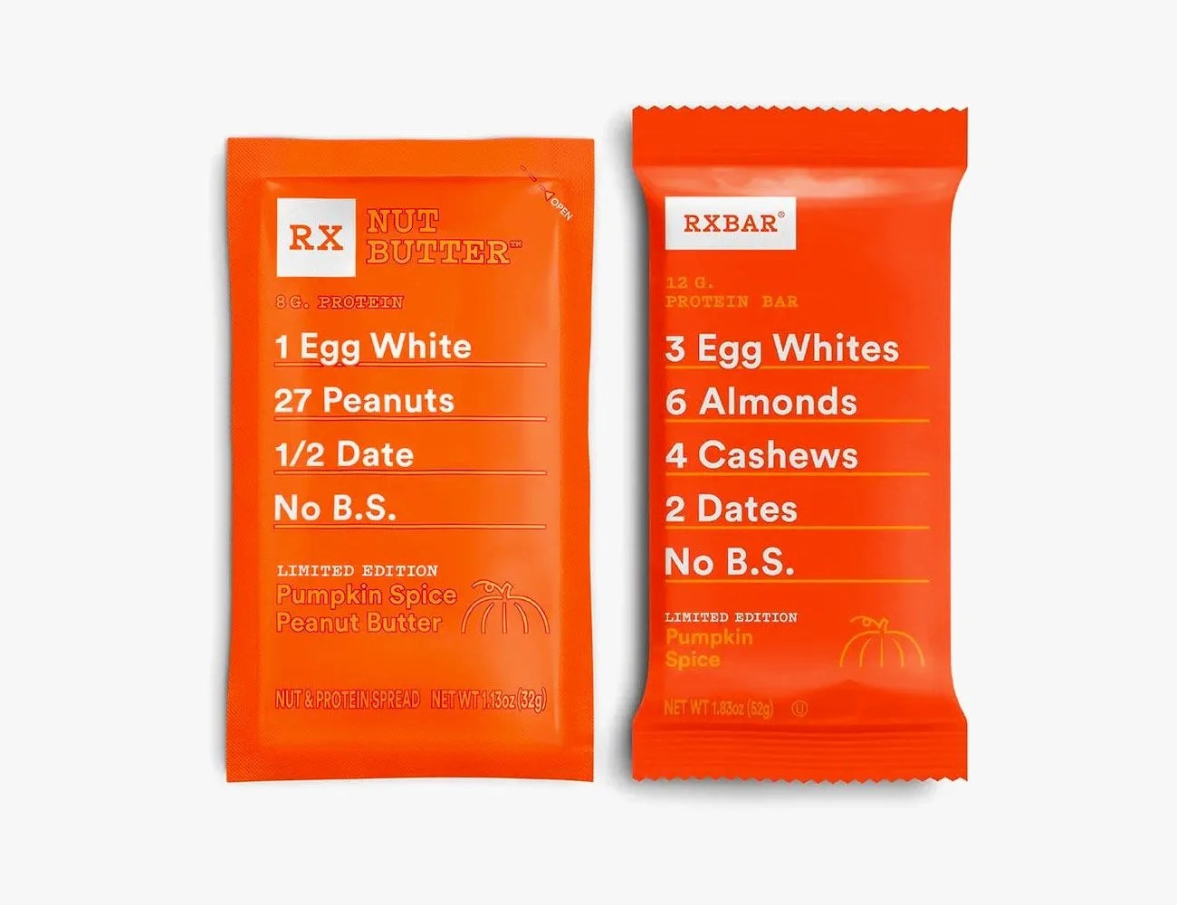 a pumpkin spice bar and nut butter pack
