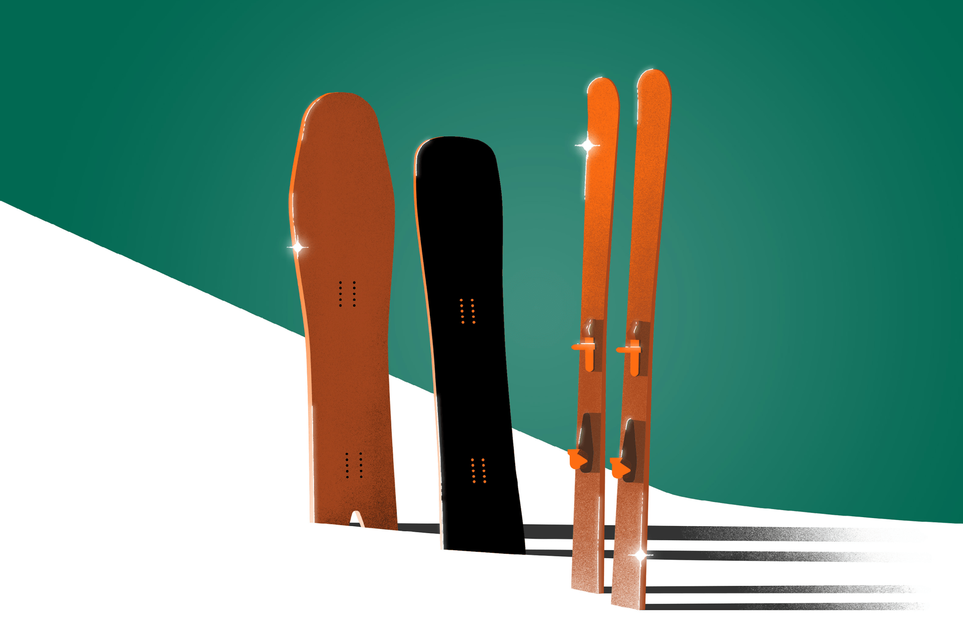 snowboard and skis