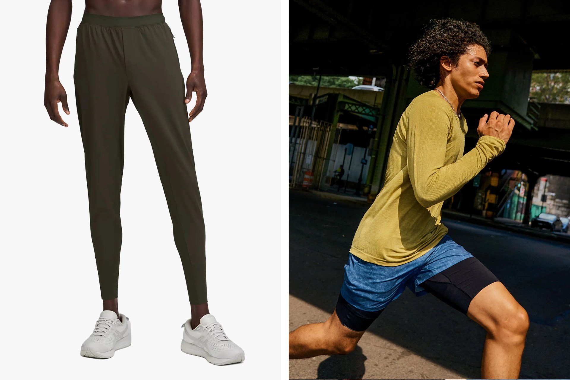 man running wearing lululemon gear featuring hybrid pant on the left