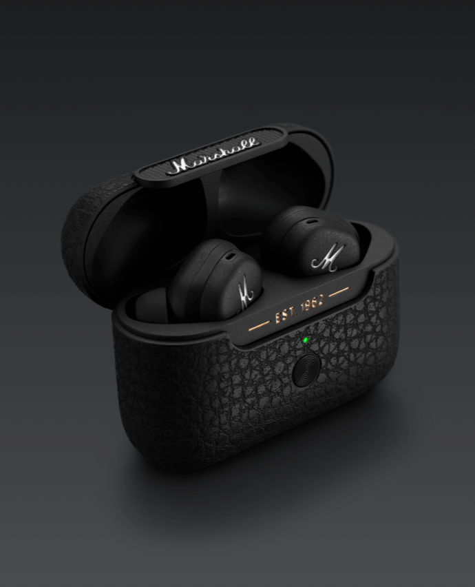 marshall black earbuds in charging case