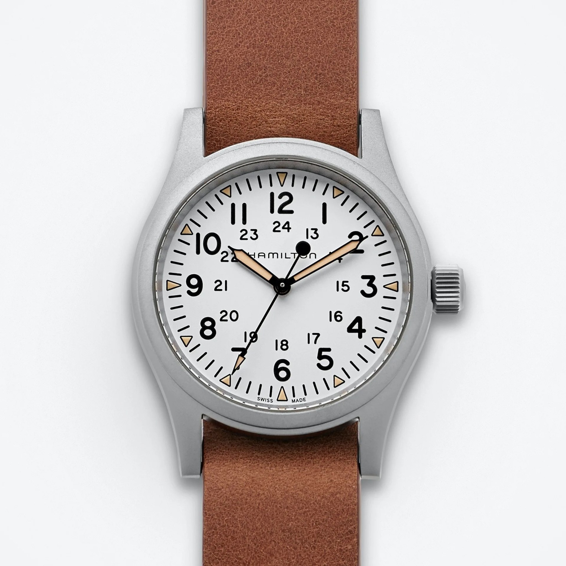 white field watch on leather nato strap