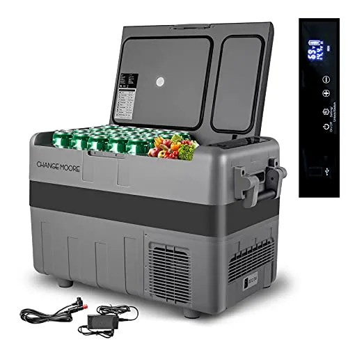 dual zone 42 quart freezerrefrigerator, heavy duty car cooler, quickly cool down 76℉50℉ fridge, 12 volt portable compressor for driving, camping, rv travel  with ac adapter