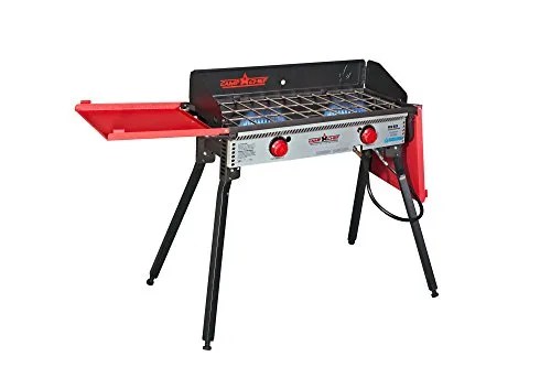 camp chef pro60x two burner stove, 30,000 btuhr cast aluminum burners, cooking dimensions 14 in x 32 in