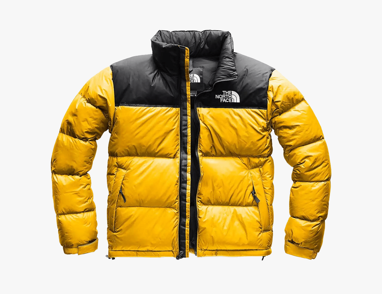 The North Face 1996 Retro Nuptse Jacket in yellow with black shoulders and collar on a white background