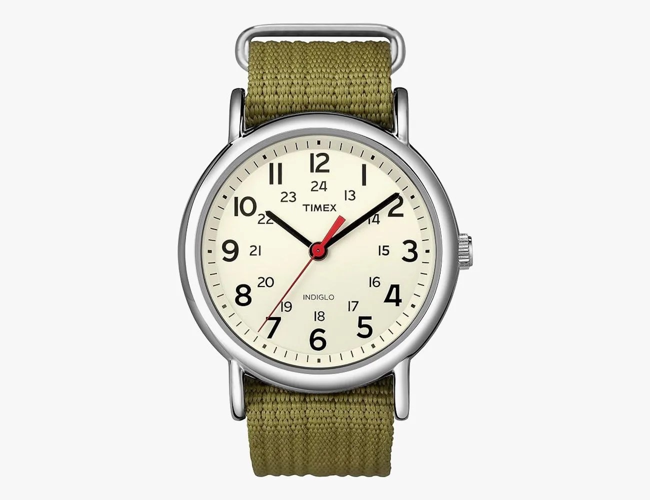 a silver watch with a white face
