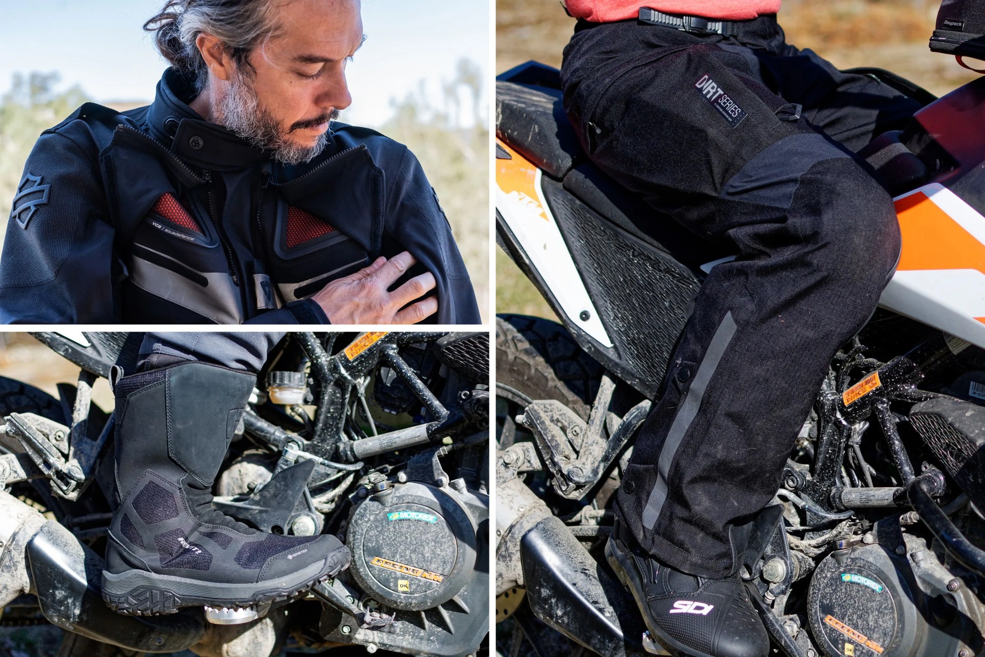collage of a man wearing a motorcycle jacket, a close up of a persons motorcycle boots, and a person sitting on a motorcycle
