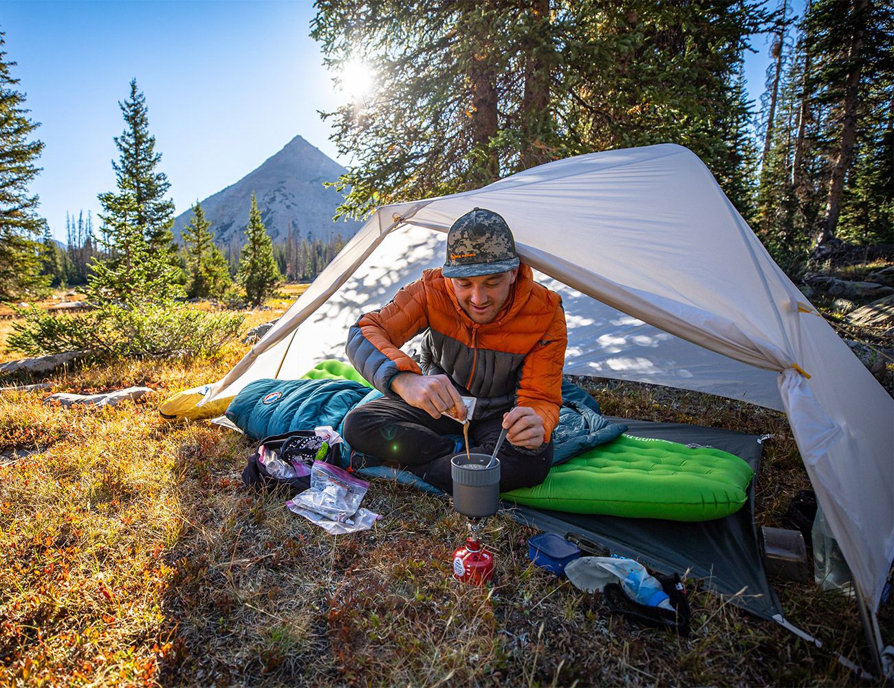 man inside of big agnes tent