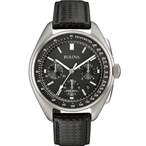 Bulova Archive Series Mens Watch, Stainless Steel with Black Leather Strap Lunar Pilot Chronograph , Silver-Tone (Model: 96B251)