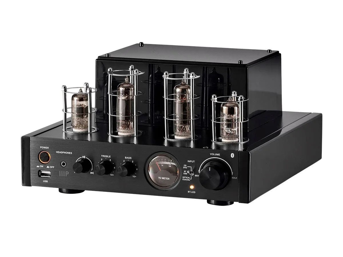 Monoprice 25 Watt Stereo Hybrid Tube Amplifier 2019 Edition with Bluetooth, Optical, Coaxial, and USB Inputs, and Subwoofer Out