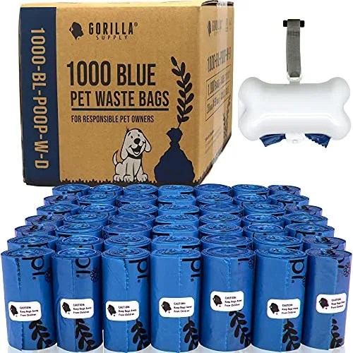 gorilla supply dog waste bags with patented dispenser and leash tie, blue, unscented, epi additive meets astm d6954 04 tier 1, 1000 count