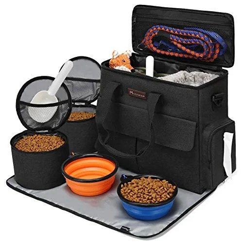 dog travel bag by modoker   dog travel kit for a weekend away set includes pet travel bag organizer for accessories, 2 collapsible dog bowls, 2 travel dog food container black