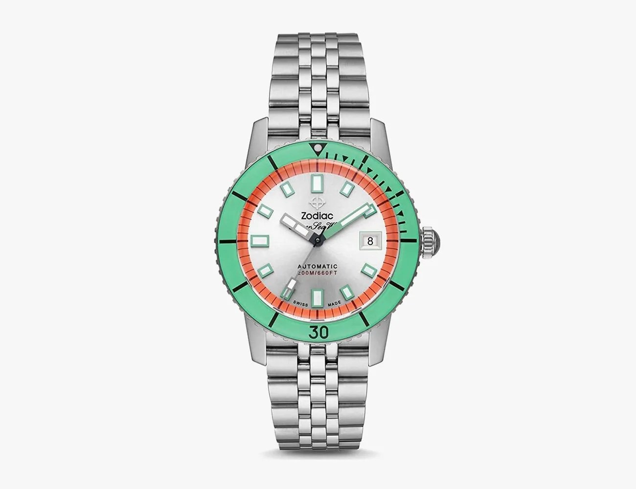 zodiac zo9269 super sea wolf steel silver green automatic mens watch