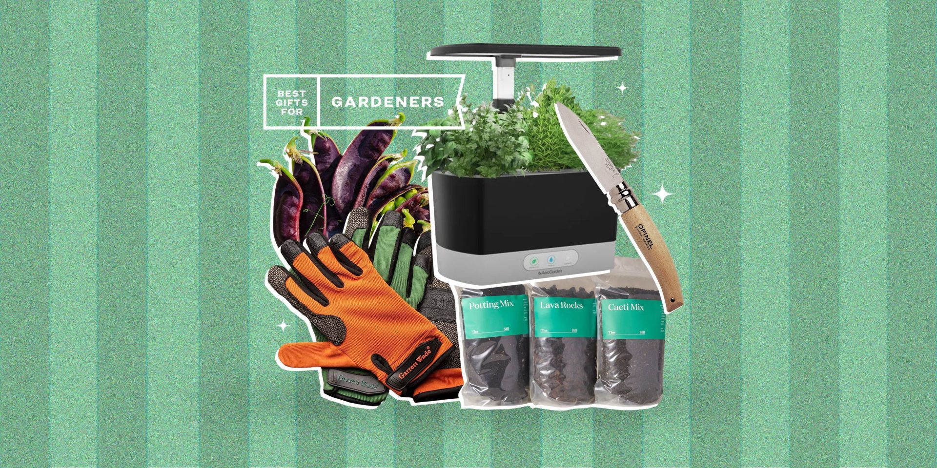 best gifts for gardeners aero garden, gloves, knife, seed packets, peas