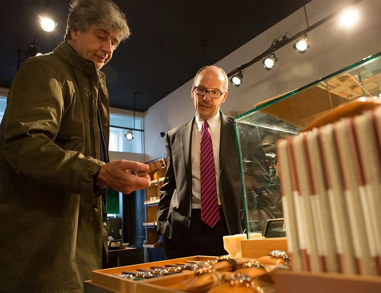 tim kartsotis showing watches at the new shinola location