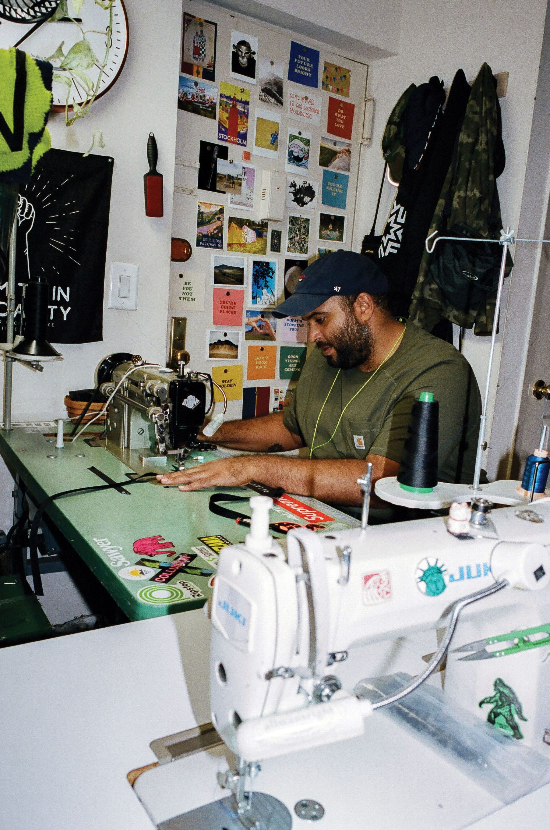 melo using a sewing machine