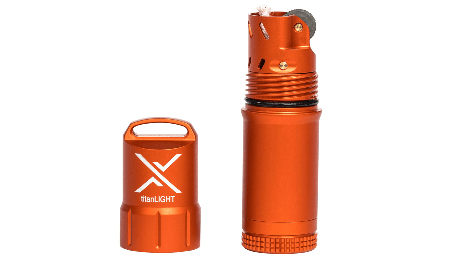exotac   titanlight evaporation proof fuel lighter with included flint starter for emergency kit, hiking, campfires, and essential supplies orange