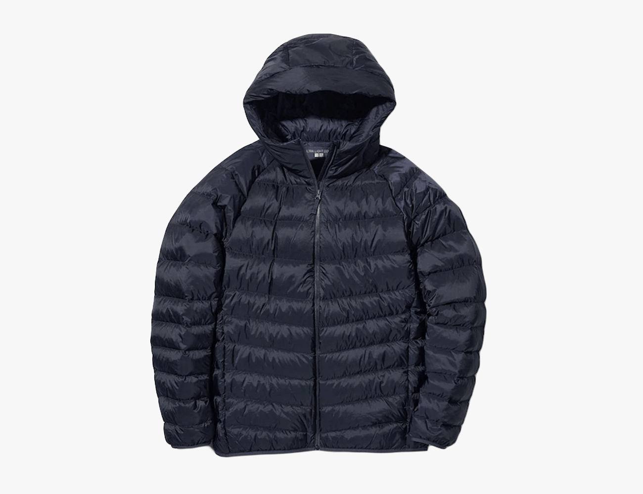 uniqlo ultra light down parka in navy on a white background
