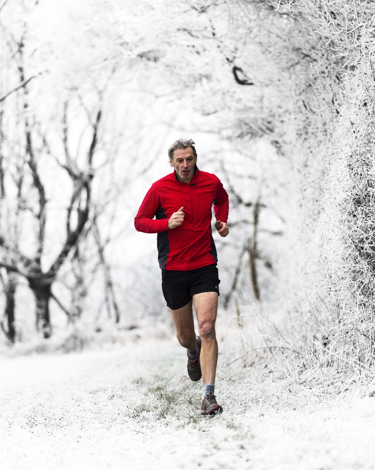 man running through woods in winter, wenlock edge, shropshire, england, uk