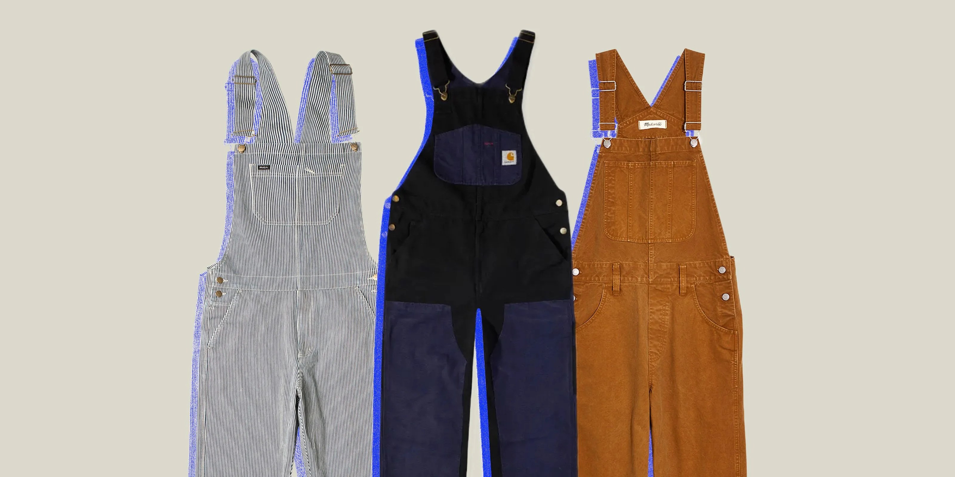 mens overalls in stripes, navy, and burnt orange