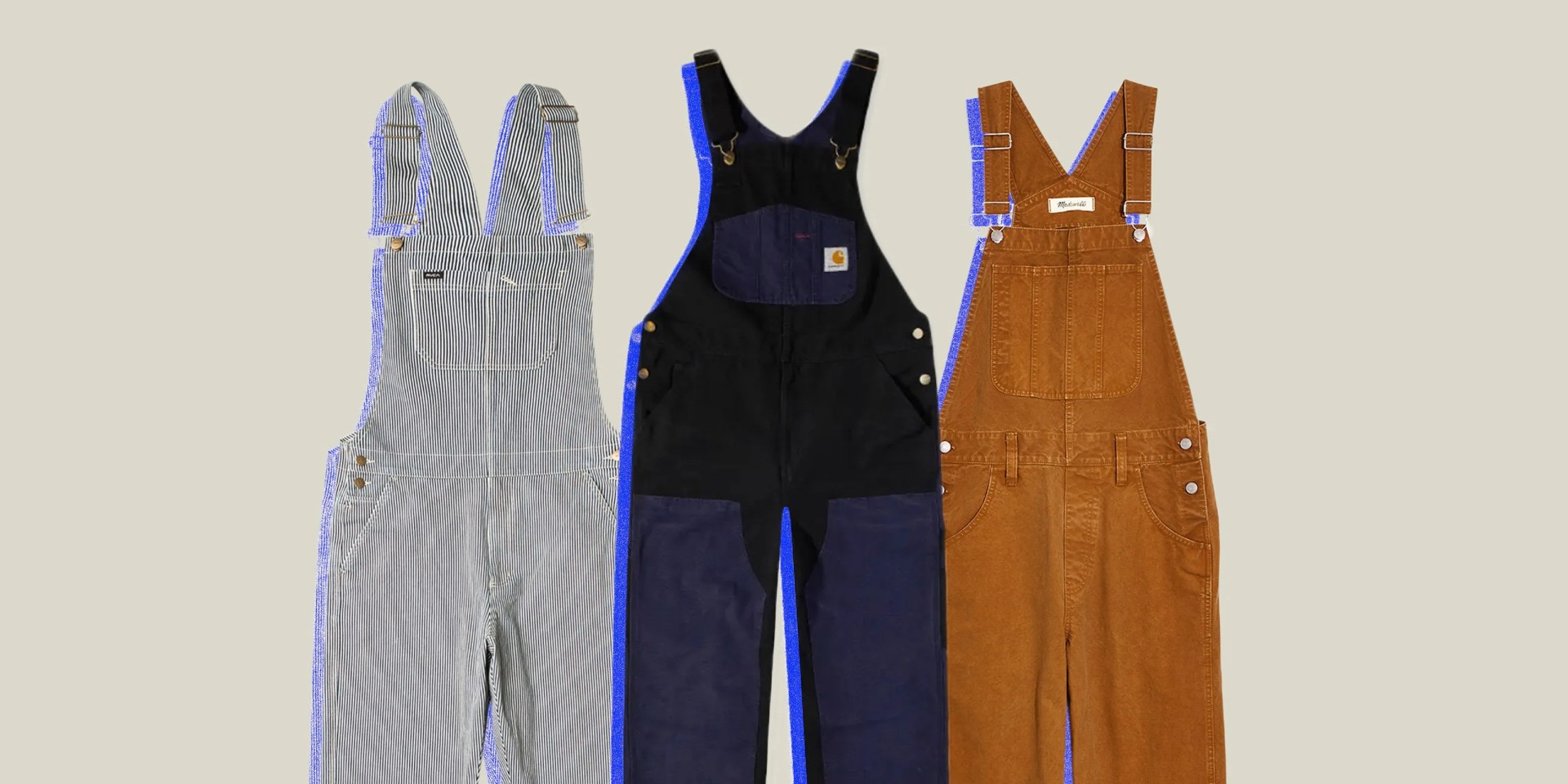 mens overalls in stripes, navy, and burnt orange