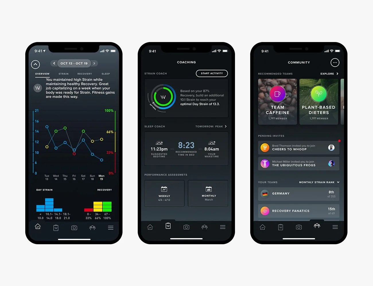 whoop app shown on three phones