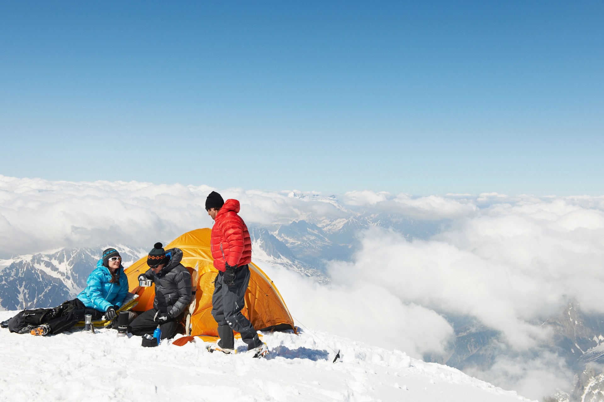 people camping in mountains, chamonix, france