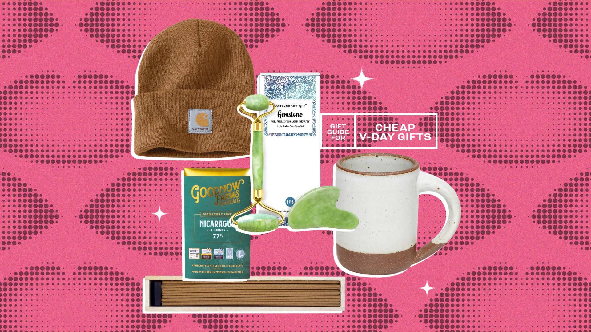 collage of a hat, a gua shua, a mug, a chocolate bar, and incense