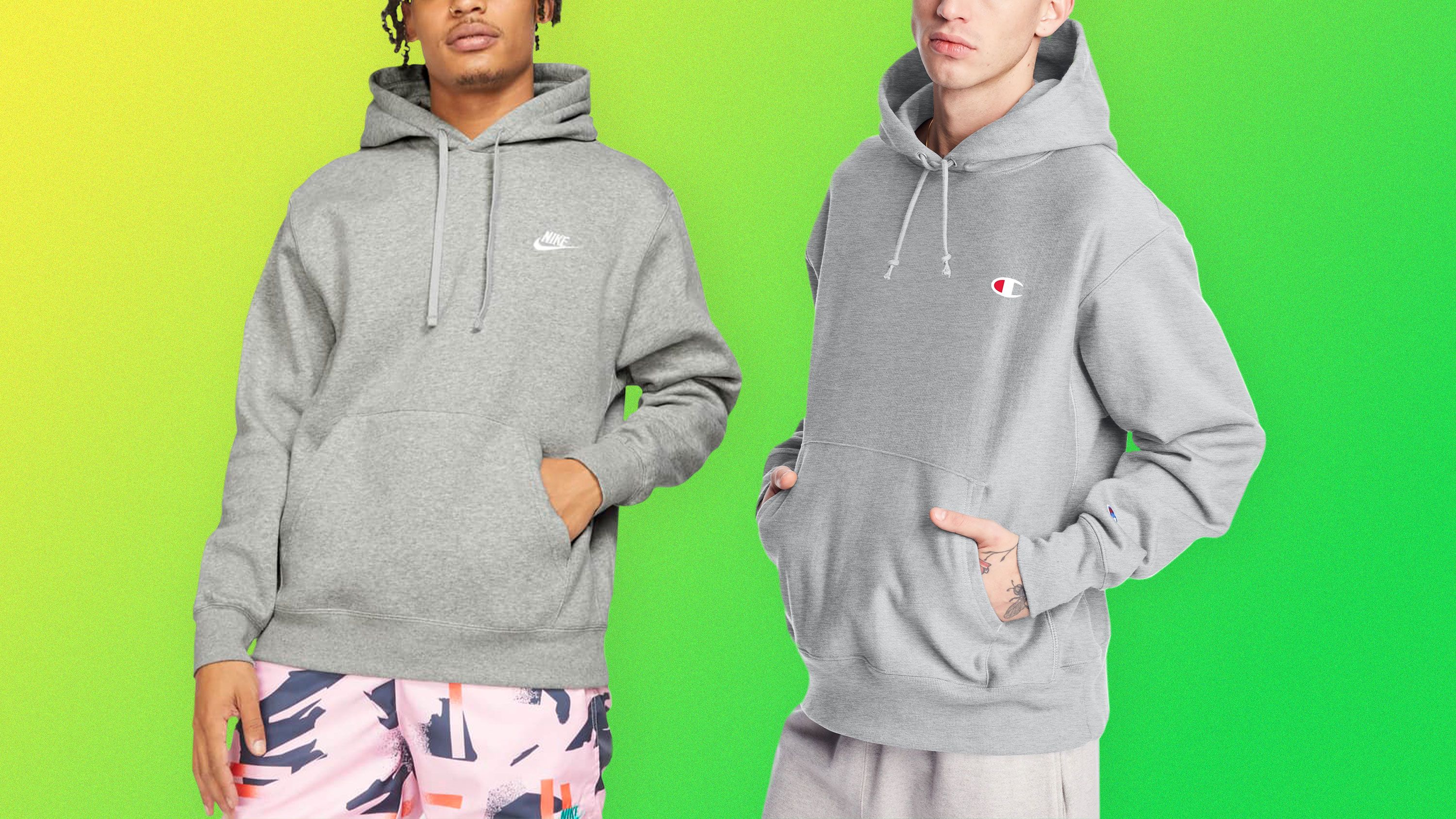 one person wearing nike grey hoodie and one person wearing champion grey hoodie