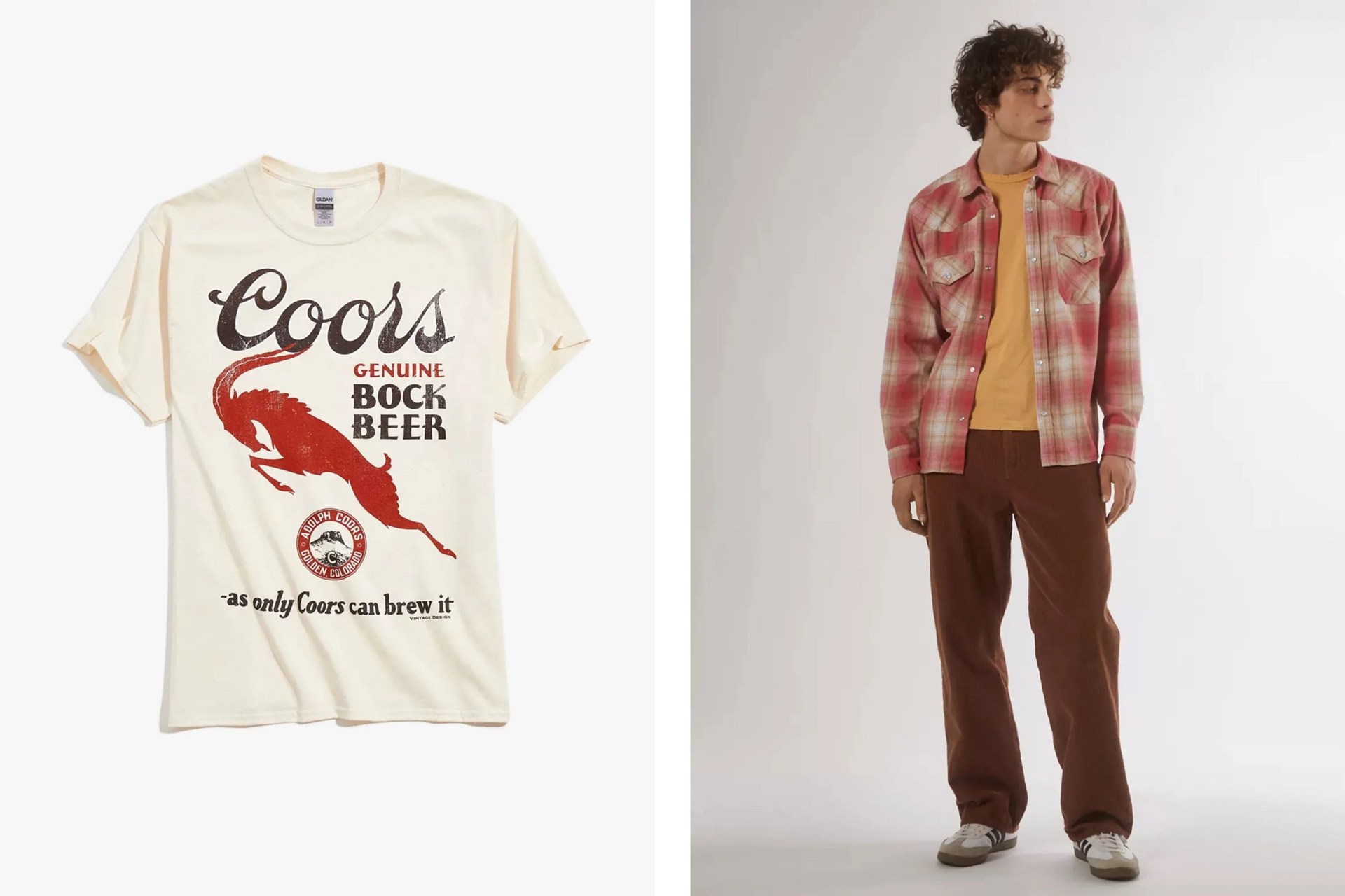 coors bock beer shirt next to a man wearing urban outfitter flannel