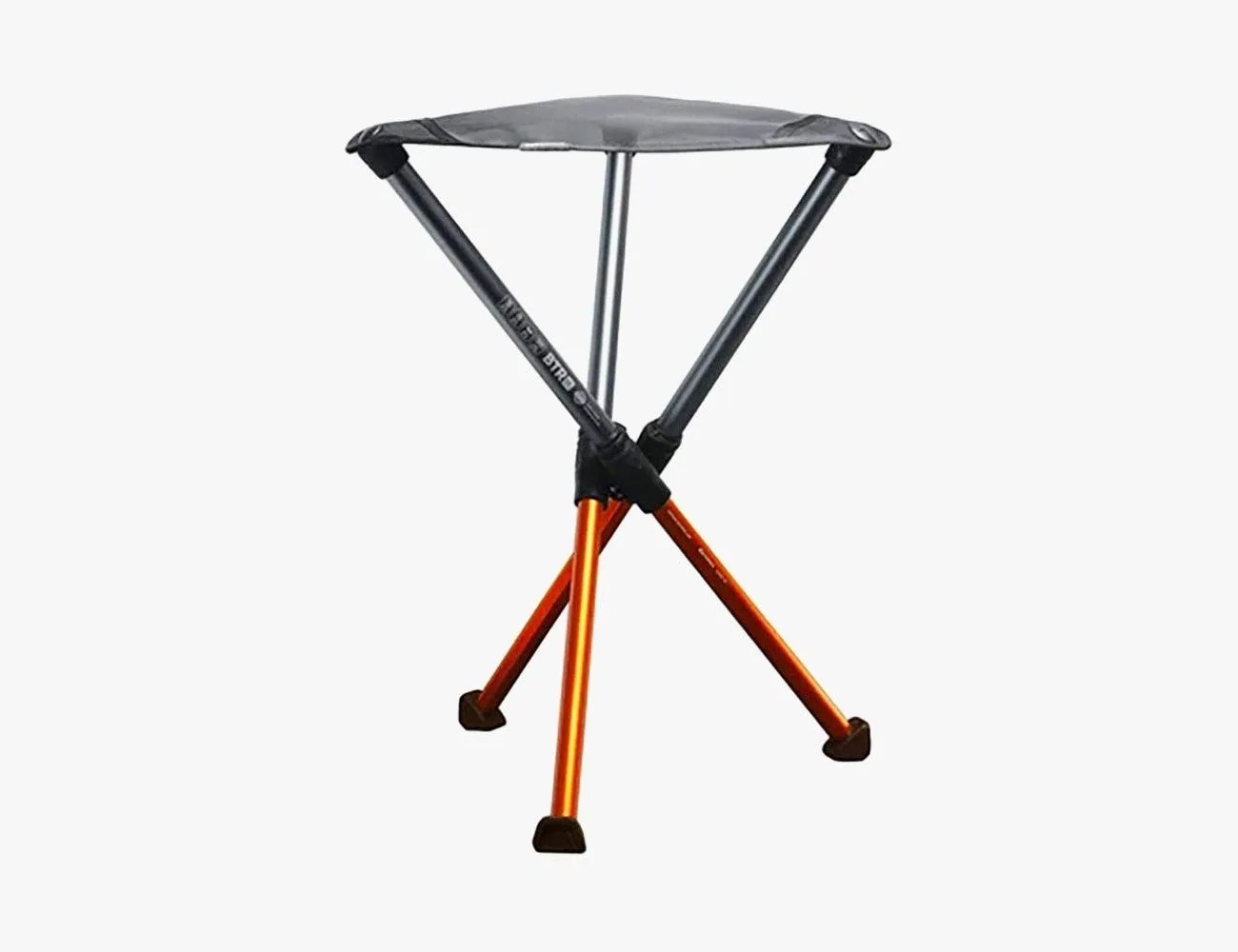 a collapsible stool with a black seat and orange legs
