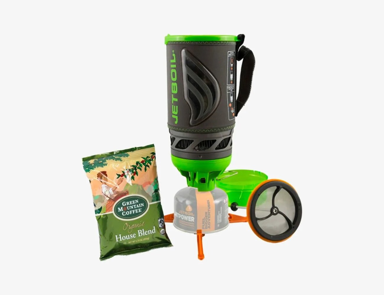 a camping stove and a coffee pot on top of it